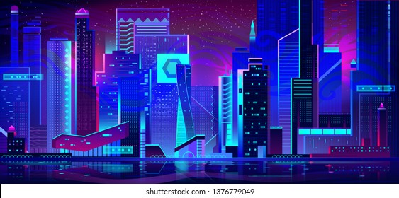 Night city with neon illumination. Futuristic urban architecture, panoramic view cityscape with glowing lights. Modern megapolis buildings exterior in blue purple palette. Cartoon vector illustration.