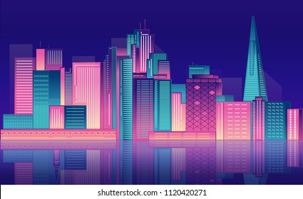 Night city neon light. Downtown American San Francisco. Architecture tower skyscrapers. Horizontal banner vector.City skyline with skyscrapers.