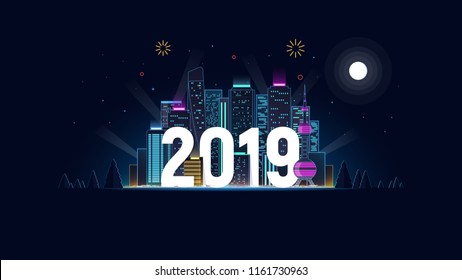 Cidade noturna em luzes de néon. 2019. Ano Novo. - Feliz Natal. - Feliz Natal. Design conceitual de arranha-céus de néon e 2019 ano. Fundo futurista moderno com cidade grande para modelo de saudação. Ilustração vetorial.