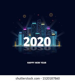 Night city in neon lights. 2020. New Year. Merry Christmas. Concept design of neon skyscrapers and 2020 year. Modern futuristic city. Vector illustration.