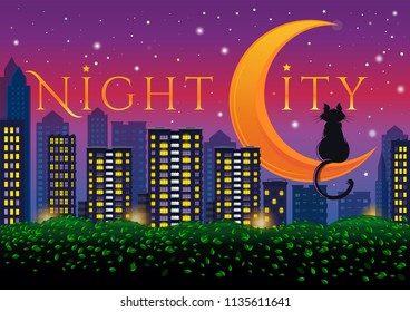 Night City. Neon lights of the big city. Black cat sitting on the crescent. Vector illustration