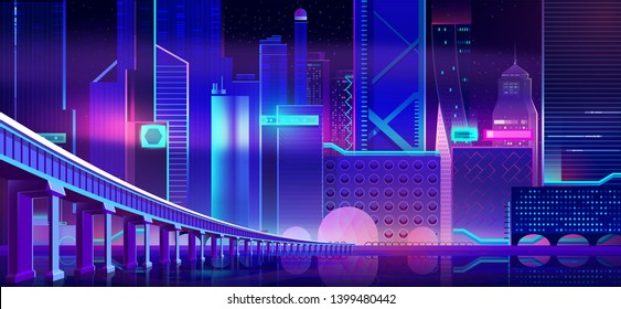 Night city with neon lights and bridge above water bay surface. Futuristic illuminated urban architecture, panoramic view cityscape, modern megapolis buildings exterior. Cartoon Vector Illustration