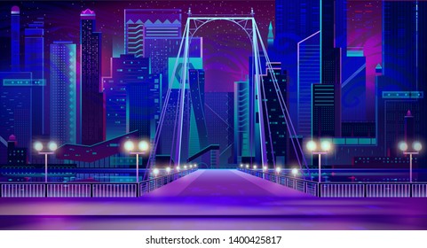 Night city with neon lights, bridge entry front view and quay with glowing lamps illumination. Futuristic cityscape background. Modern town buildings exterior architecture. Cartoon vector illustration