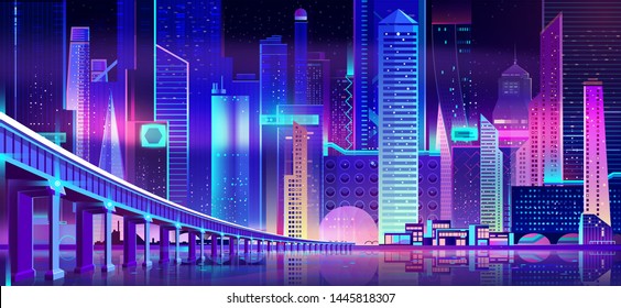 Night city with neon lights and bridge above water bay surface. Futuristic illuminated urban architecture, panoramic view cityscape, modern megapolis buildings exterior. Cartoon vector Illustration