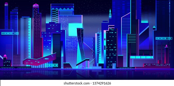 Night city in neon lights. Futuristic cityscape panoramic view background with glowing illumination. Modern town buildings exterior architecture in blue and purple colors. Cartoon vector illustration.