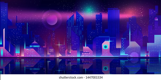 Night city in neon lights. Futuristic cityscape at waterfront background with glowing illumination. Modern town buildings exterior architecture in blue and purple colors. Cartoon vector illustration