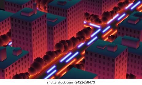 Night city with neon lights and light traces of the cars. Synthwave styled neon downtown background with aerial view.