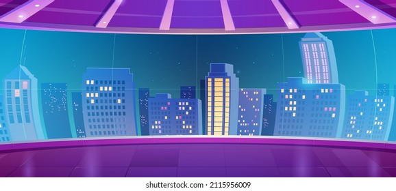 Night city in neon lights on cinema screen or observation deck view. Futuristic cityscape with glow illumination. Modern town buildings exterior architecture in blue colors Cartoon vector illustration