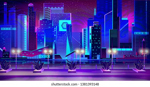 Night city with neon lights and quay with street plants going along waterfront. Futuristic urban architecture, panoramic view cityscape, modern megapolis buildings exterior Cartoon Vector Illustration