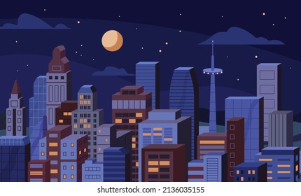 Night city with office and residential buildings, sky and moon. Urban view of downtown with skyscrapers at midnight. Metropolis cityscape. Business center at nighttime. Flat vector illustration