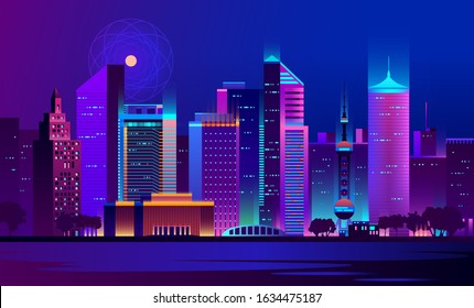 Night city on the river, soft neon light illuminates the park and skyscrapers. Sky reflected in the water. Vector graphics.