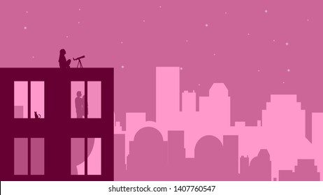 Night city on the rose pink background vector illustration