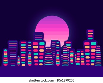 Night city on a sunset background. Retro panorama of the 80s, 90s. Tourist town. Vector illustration