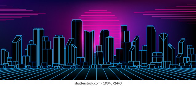 Night City Outline Landscape On Sunset Background. Illustration In Retro Wave, Arcade Game 80s Style.