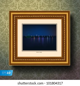 Night City Painting Or Picture In Image Frame On A Wall, Vector Eps 10 Illustration.