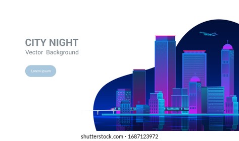 Night city panorama. Cityscape on a dark background with bright and glowing neon purple and blue lights. Wide highway side view. Cyberpunk and retro wave style Vector illustration.