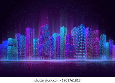 Vista panorámica de la ciudad nocturna. Paisaje colorido, paisaje urbano retro neón futurista. Edificios del centro de la playa, fondo abstracto de vector urbano reciente