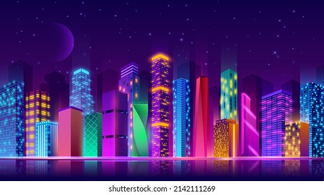 Night city panorama. Future cyberpunk urban landscape. Reflection in water, modern glowing neon town. Lighting futuristic architecture, exact vector background