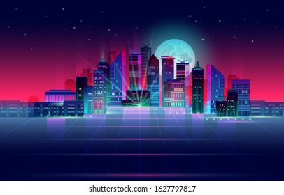 Night city panorama with moon and neon glow on dark background. Futuristic cityscape with glowing neon purple and blue lights. City skyline. Vector illustration with megapolis, skyscrapers, buildings.