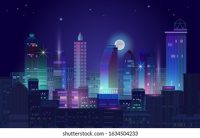 Night city panorama with moon and neon glow on dark background. Futuristic cityscape with glowing neon purple and blue lights. City skyline. Vector illustration with megapolis, skyscrapers, buildings.
