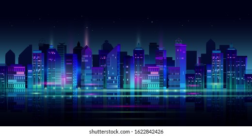 Night city panorama with neon glow on dark background. Futuristic cityscape with glowing neon purple and blue lights. City skyline. Vector illustration with megapolis, skyscrapers, buildings.