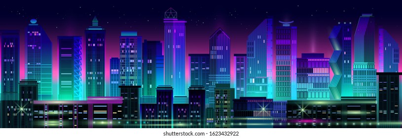 Night city panorama with neon glow on dark background. Futuristic cityscape with glowing neon purple and blue lights. City skyline. Vector illustration with megapolis, skyscrapers, buildings.