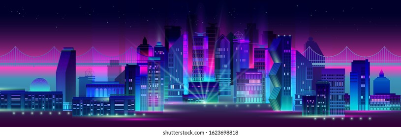 Night city panorama with neon glow on dark background. Futuristic cityscape with glowing neon purple and blue lights. City skyline. Vector illustration with megapolis, skyscrapers, buildings.