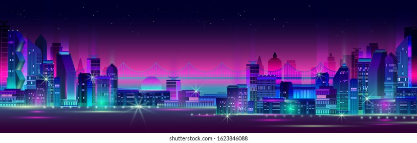 Night city panorama with neon glow on dark background. Futuristic cityscape with glowing neon purple and blue lights. City skyline. Vector illustration with megapolis, skyscrapers, buildings.
