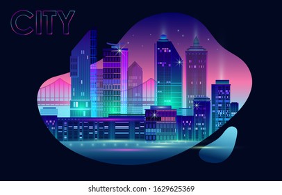 Night city panorama with neon glow on dark background. Futuristic cityscape with glowing neon purple and blue lights. City skyline. Vector illustration with megapolis, skyscrapers, buildings.