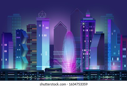 Night city panorama with neon glow on blue background. Futuristic cityscape with glowing neon purple and blue lights. City skyline. Vector illustration with megapolis, skyscrapers, buildings.