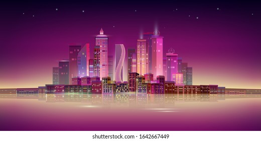 Night city panorama with neon glow on purple background. Futuristic cityscape with glowing neon purple and blue lights. City skyline. Vector illustration with megapolis, skyscrapers, buildings.