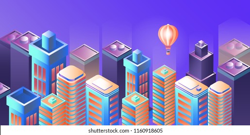 Night city panorama. City Night skyline. Cityscape 3d background with balloon. Skyscrapers at night. Skyline scene. Landscape smart megapolis. Modern building.