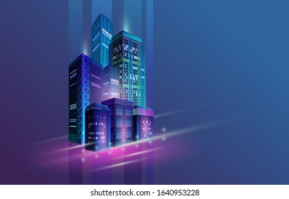 Night city panorama with skyscrapers and neon glow lights on blue background. Futuristic cityscape. City skyline. Vector illustration with buildings. Fragment of a night panorama of a modern city.