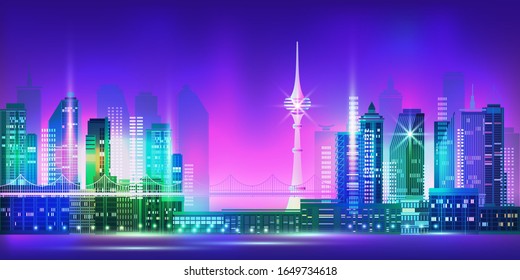 Night city panorama with тv tower, skyscrapers and neon glow on purple background. Futuristic cityscape with glowing neon lights. City skyline. Vector illustration with megapolis, buildings.