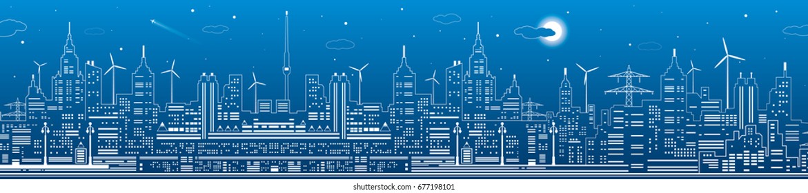 Night city panorama, town infrastructure illustration, modern skyline, white lines on blue background, urban scene, vector design art 