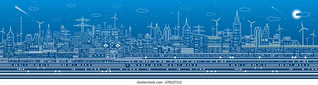 Night city panorama, town infrastructure illustration, ferris wheel, modern skyline, white lines on blue background, vector design art 