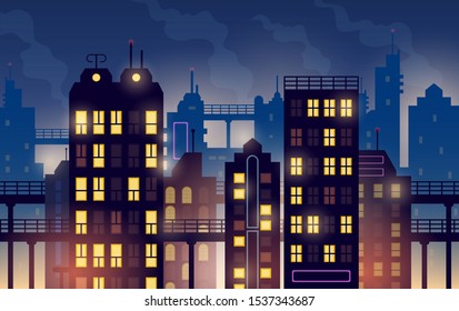 Night city panorama, vector illustration.