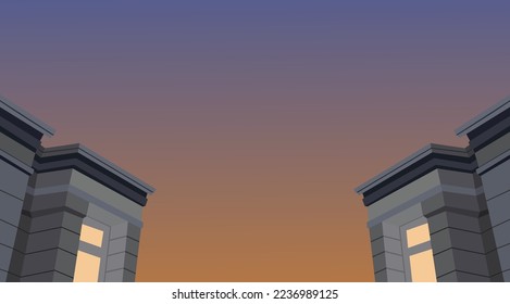 Night city panorama, vector, sunset.