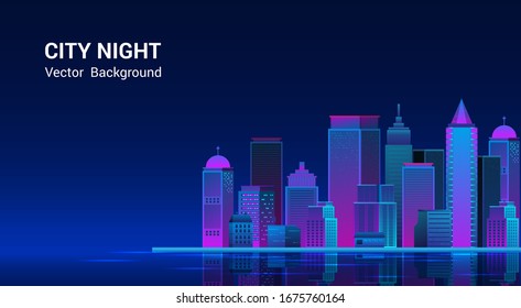 Night city panorama.Cityscape on a dark background with bright and glowing neon purple and blue lights. Wide highway side view. Cyberpunk and retro wave style Vector illustration.