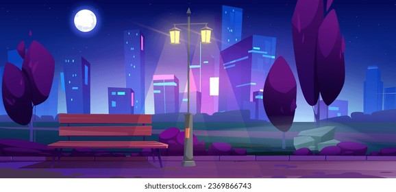 Night city park with bench and light on street cartoon landscape. Full moon in sky and neon skyscraper window glow at nighttime. Urban skyline in summer with walkway road in outside public garden