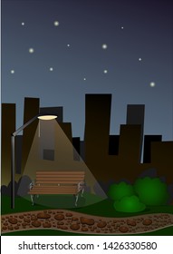 night city. City Park. bench and street lamp, evening with a star. Vector graphics