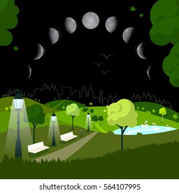 Night City Park with Moon Phases on Sky