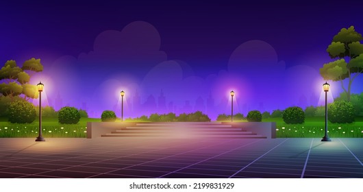 Night city park with stairs to outdoors podium , scenery urban garden with glowing street lamps and cityscape