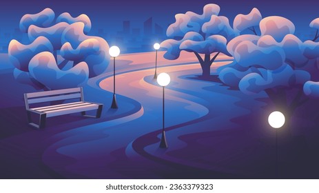 Night city park with street lamps and benches near a winding path horizontal illustration.