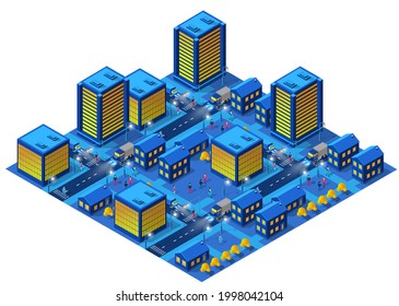 The night city people background 3D neon ultraviolet of urban infrastructure isometric buildings. Residential town illustration of vector graphics of the modern architecture construction.