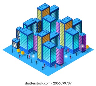 The night city people background 3D illustration neon ultraviolet of urban infrastructure isometric buildings. Residential town of vector graphics of the modern architecture construction.