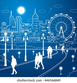 Night city, people walk in the park, street life, ferris wheel, vector design art