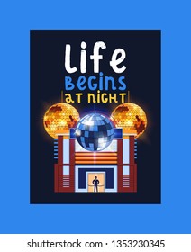 Night city poster, banner vector illustration. Life begins at night. Entertainment and event, disco show. Building of club. Security check with guard. Shining disco ball.
