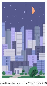 Night city poster. Cityscape, urban card with high tower buildings, architecture, crescent moon and stars in midnight sky. Nighttime multistory metropolis, metropolitan. Flat vector illustration