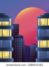 Night city print. High-rise buildings, moon, dark sky and luminous windows. Vector with gradient fill. For covers, brochures, promotional flyers, social media and web pages.